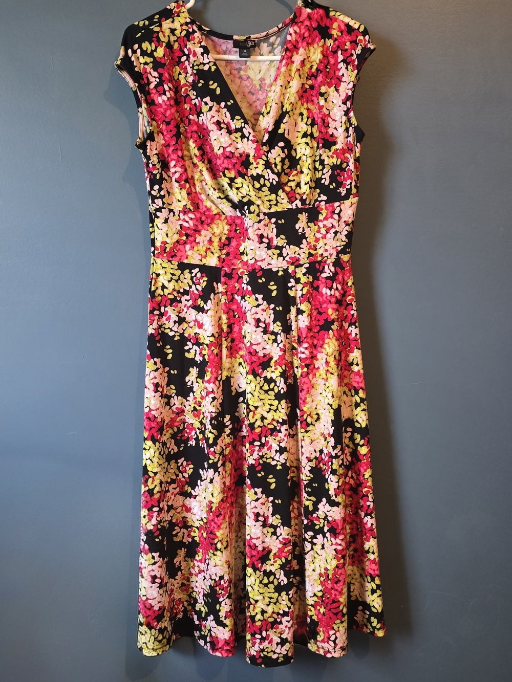 Floral Faux-Wrap Midi Dress - Black with Pink & Yellow Floral